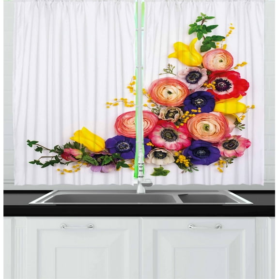 Ambesonne Anemone Flower Kitchen Curtains, English Roses Herbs, 55"x39", Multicolor