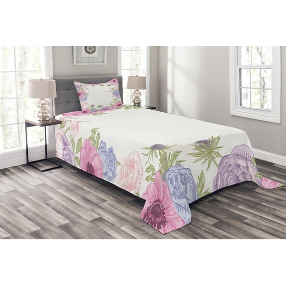 Ambesonne Anemone Flower Quilted Bedspread Set 2 Pcs, Summer Flora, Twin Size, Pink Pale Blue Green