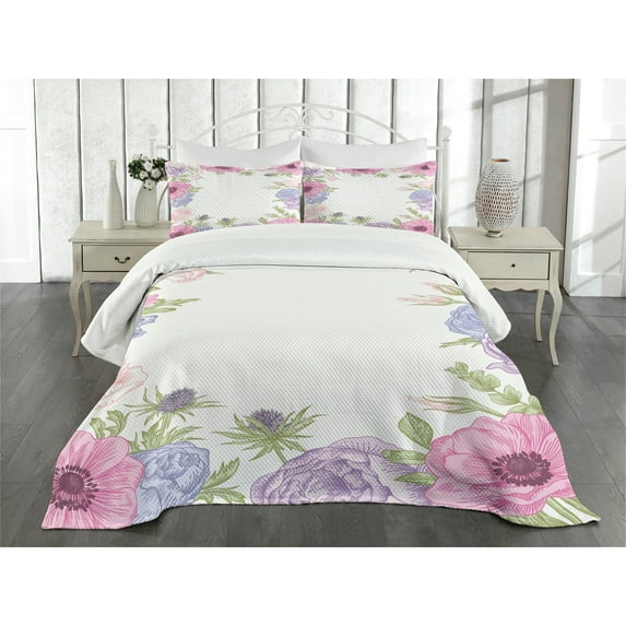 Ambesonne Anemone Flower Quilted Bedspread Set 3 Pcs, Summer Flora, King Size, Pink Pale Blue Green