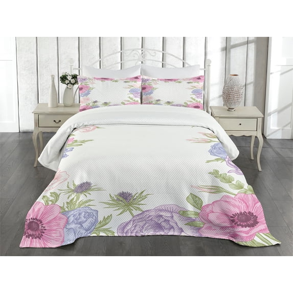 Ambesonne Anemone Flower Quilted Bedspread Set 3 Pcs, Summer Flora, Queen Size, Pink Pale Blue Green
