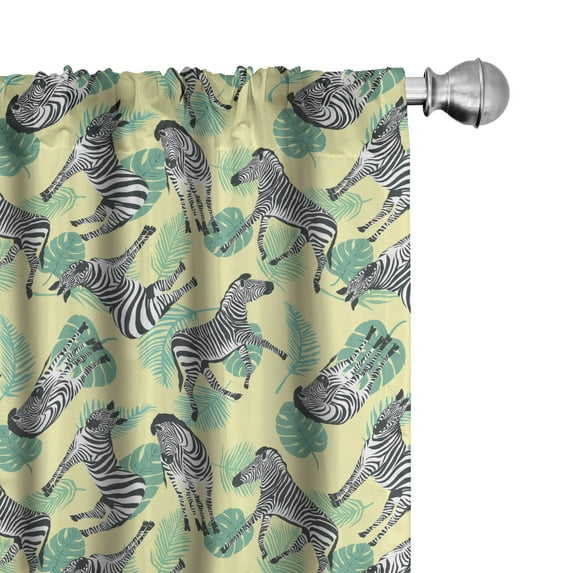 Ambesonne Animal Window Curtains, Wildlife Zebras and Leaves, Each 28" W x 84" L, Charcoal Grey and Pale Yellow