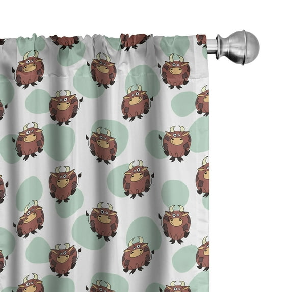Ambesonne Animal Art Curtains, Funny Bulls Polka Dots, Pair of 28"x95", Almond Green Pale Redwood