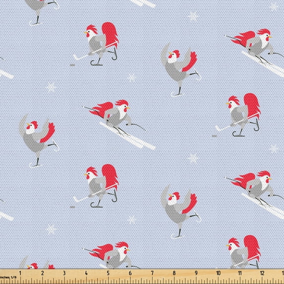 Ambesonne Animal Art Fabric by the Yard Upholstery, Rooster Winter Sports, 10 Yards, Pale Ceil Blue and Multicolor