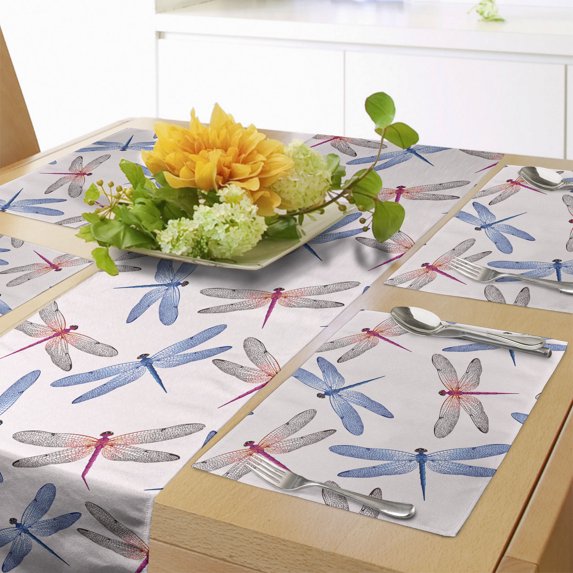 Ambesonne Animal Art Table Runner & Placemats, Dragonfly Wings Art, Placemat 4 pcs + Runner 16"x72", Pink Blue