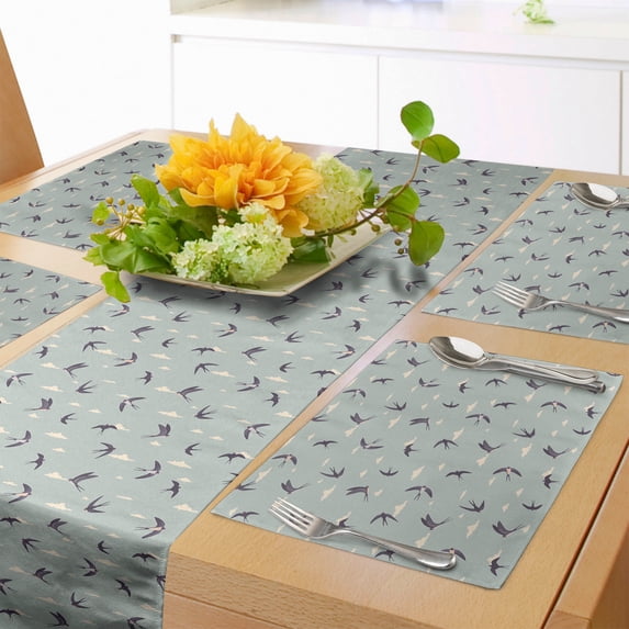 Ambesonne Animal Art Table Runner & Placemats, Swallow Birds Flying, Placemat 4 pcs + Runner 14"x72", Pale Teal Multicolor