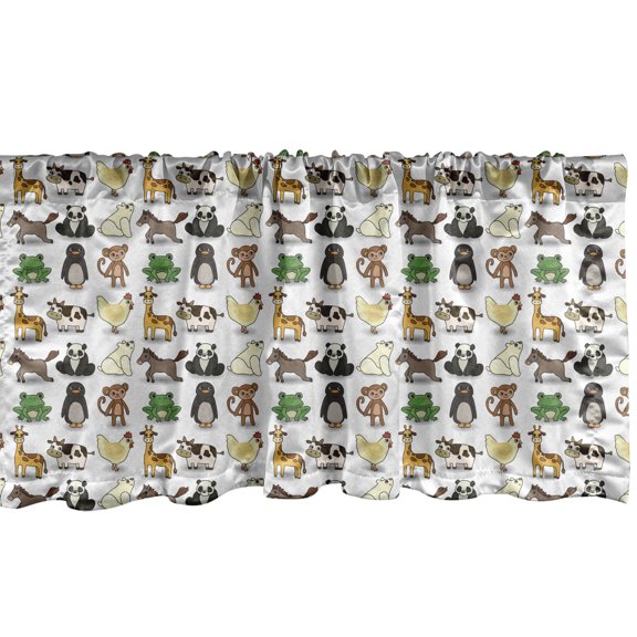 Ambesonne Animal Art Window Valance, Illustration of Rural Livestock and Wild Animals in Continuous Pattern, Curtain Valance for Kitchen Bedroom Decor with Rod Pocket, 54" X 18", Off White Multicolor