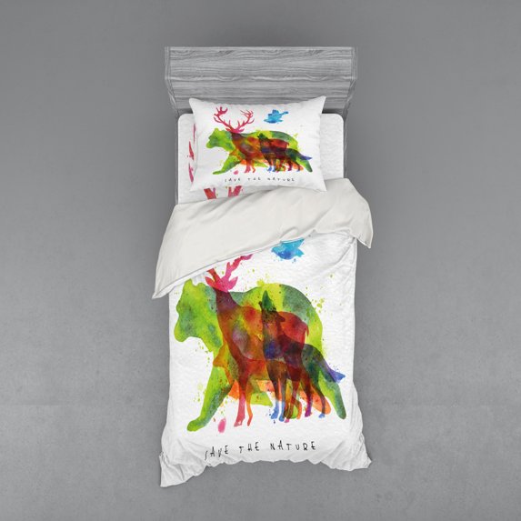 Ambesonne Animal Bedding Set 3 Pcs, Alaska Animals Bear Wolf, Twin, Multicolor