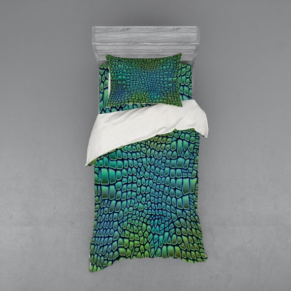 Ambesonne Animal Bedding Set 3 Pcs, Alligator Skin, Twin XL, Green Blue