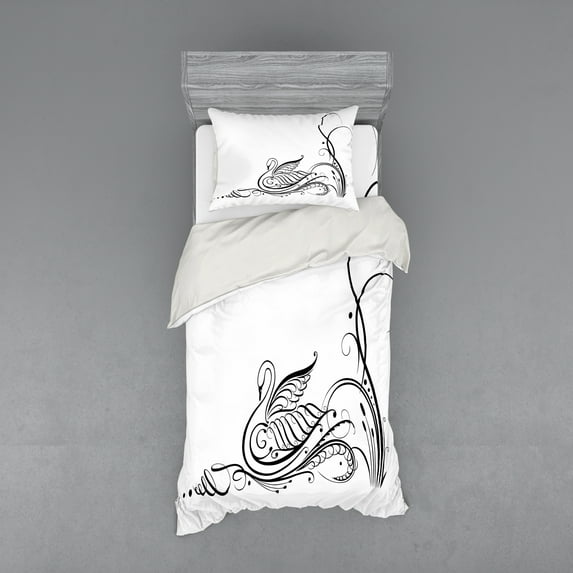 Ambesonne Animal Bedding Set 3 Pcs, Black Swan in River, Twin XL, White Black