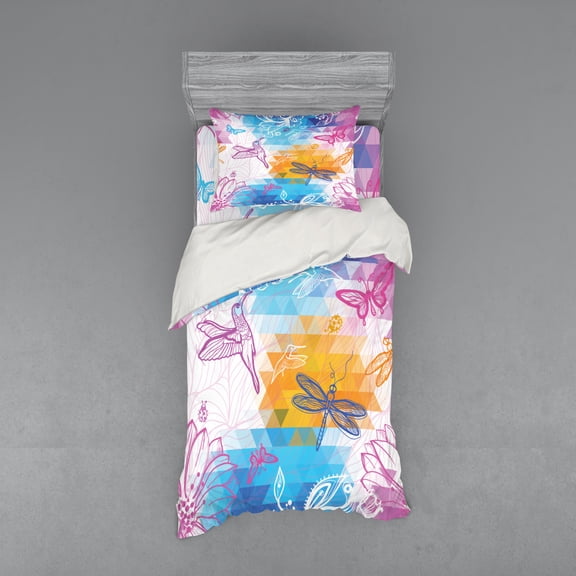 Ambesonne Animal Bedding Set 3 Pcs, Butterflies Dragonflies, Twin XL, Multicolor