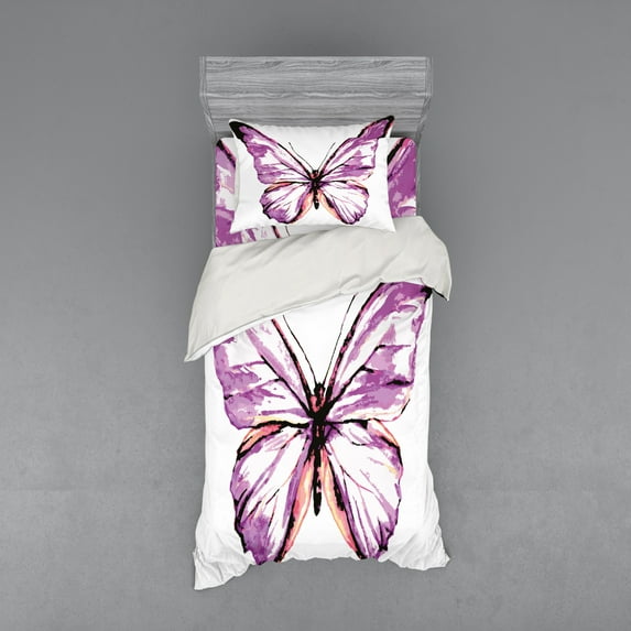 Ambesonne Animal Bedding Set 3 Pcs, Butterfly Wings, Twin XL, Violet Salmon Black