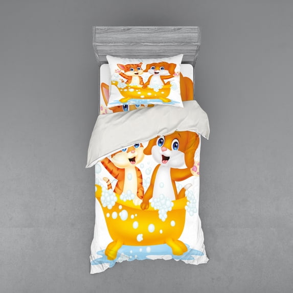 Ambesonne Animal Bedding Set 3 Pcs, Cartoon Cat and Dog Bath, Twin, Yellow Brown Blue