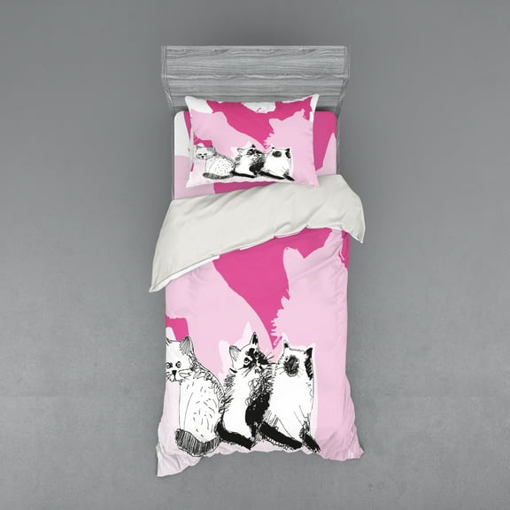 Ambesonne Animal Bedding Set 3 Pcs, Cats Kittens, Twin, Pale Pink Hot Pink
