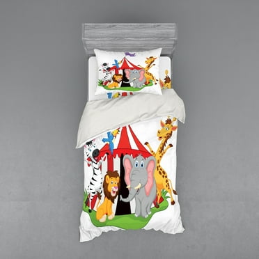 Ambesonne Animal Bedding Set 3 Pcs, Circus Tent Giraffe Mime, Twin XL, Red Green Yellow