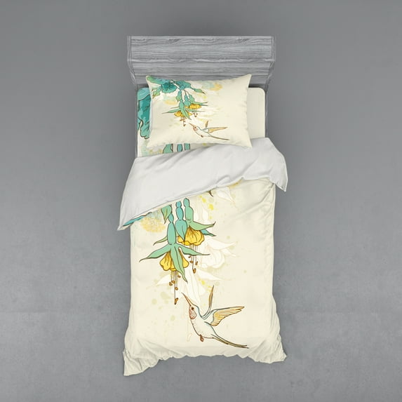 Ambesonne Animal Bedding Set 3 Pcs, Colibri Exotic Plant, Twin, Teal Yellow