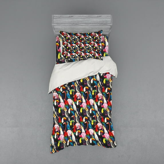 Ambesonne Animal Bedding Set 3 Pcs, Colorful Exotic Birds, Twin XL, Multicolor