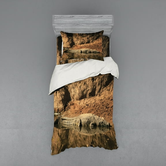 Ambesonne Animal Bedding Set 3 Pcs, Crocodile Hunt in Wild, Twin, Brown Tan