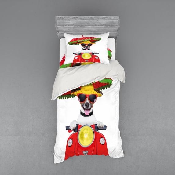 Ambesonne Animal Bedding Set 3 Pcs, Dog Driving a Motorcycle, Twin XL, Red