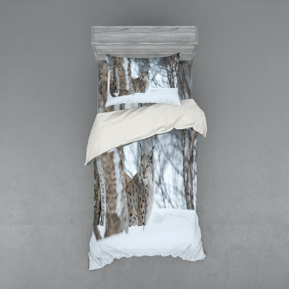 Ambesonne Animal Bedding Set 3 Pcs, European Lynx Wilderness, Twin XL, Pale Brown White