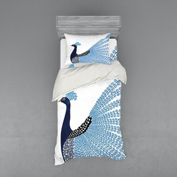 Ambesonne Animal Bedding Set 3 Pcs, Exotic Peacock Feather, Twin, Dark Blue Blue and Black