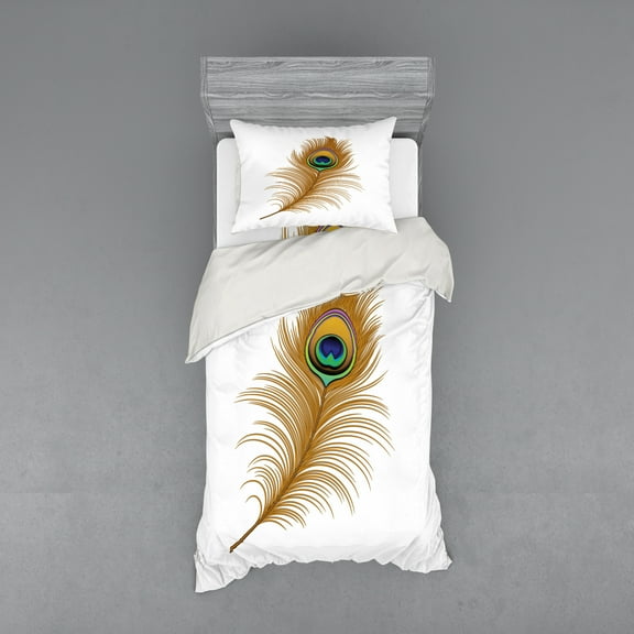 Ambesonne Animal Bedding Set 3 Pcs, Exotic Peacock Wild Bird, Twin, Mustard Green Navy