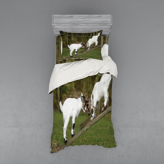 Ambesonne Animal Bedding Set 3 Pcs, Farm Life with Goats, Twin, White Green