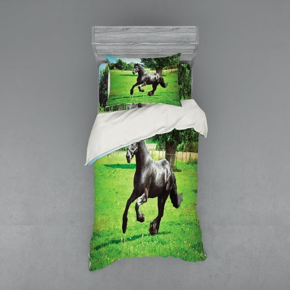 Ambesonne Animal Bedding Set 3 Pcs, Friesian Horse, Twin XL, Black Green