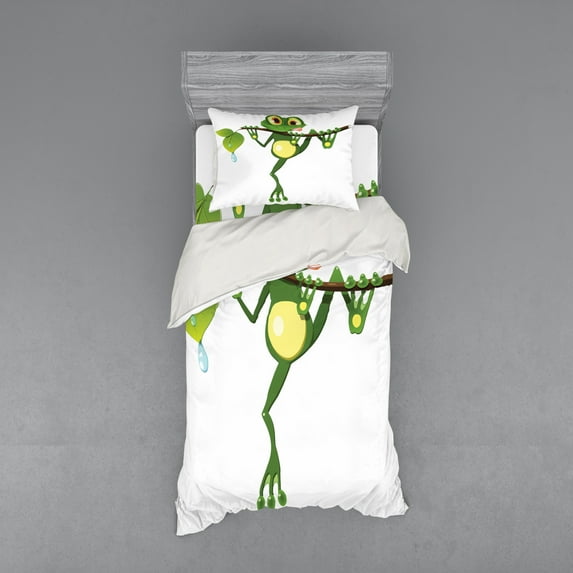 Ambesonne Animal Bedding Set 3 Pcs, Frog on Branch Jungle, Twin, Green White Yellow