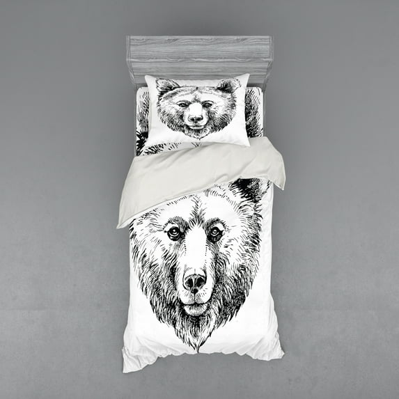 Ambesonne Animal Bedding Set 3 Pcs, Grizzly Bear Ink Sketch, Twin, Black White