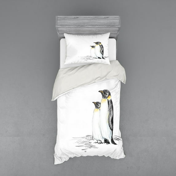 Ambesonne Animal Bedding Set 3 Pcs, Hand Drawn Penguins Art, Twin, Black White