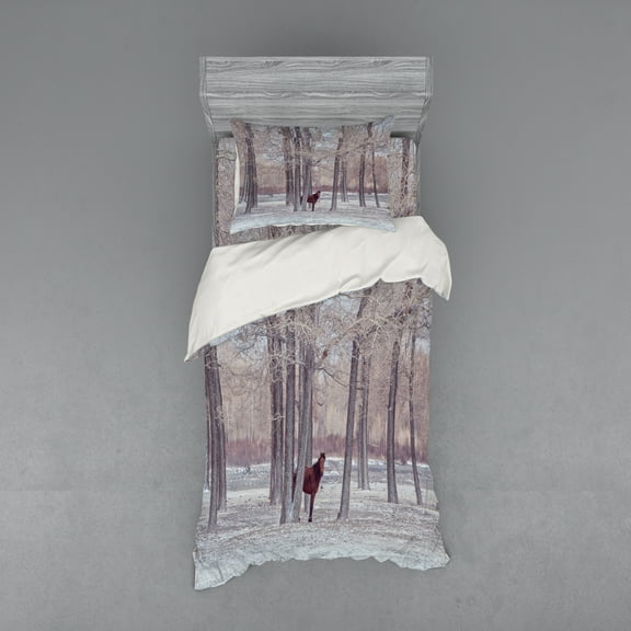 Ambesonne Animal Bedding Set 3 Pcs, Horse Forest Stands, Twin XL, Brown Beige