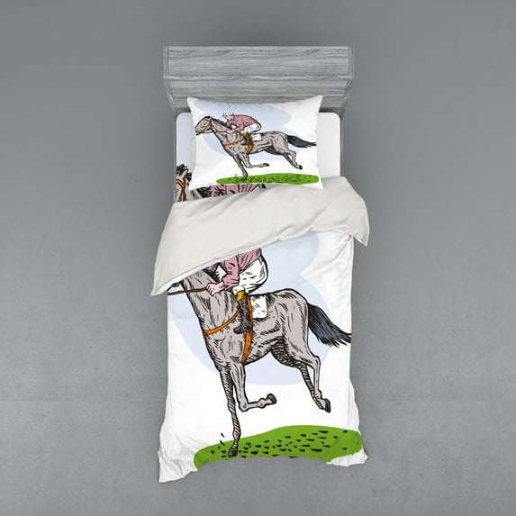 Ambesonne Animal Bedding Set 3 Pcs, Horse Racing Sketch, Twin XL, Multicolor