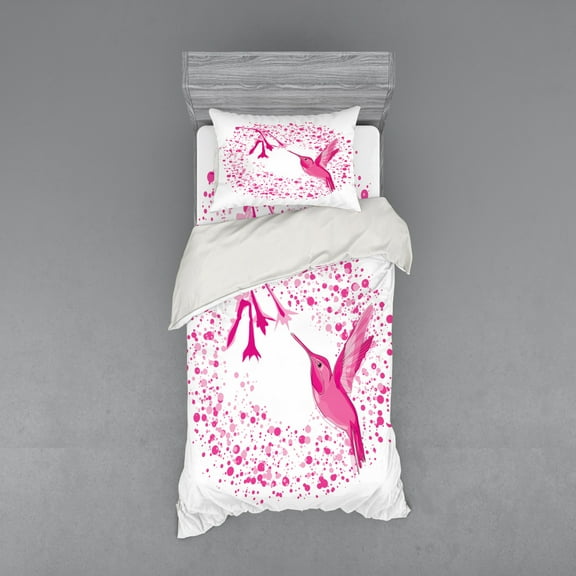 Ambesonne Animal Bedding Set 3 Pcs, Hummingbird Flower Dots, Twin XL, Pink Fuchsia