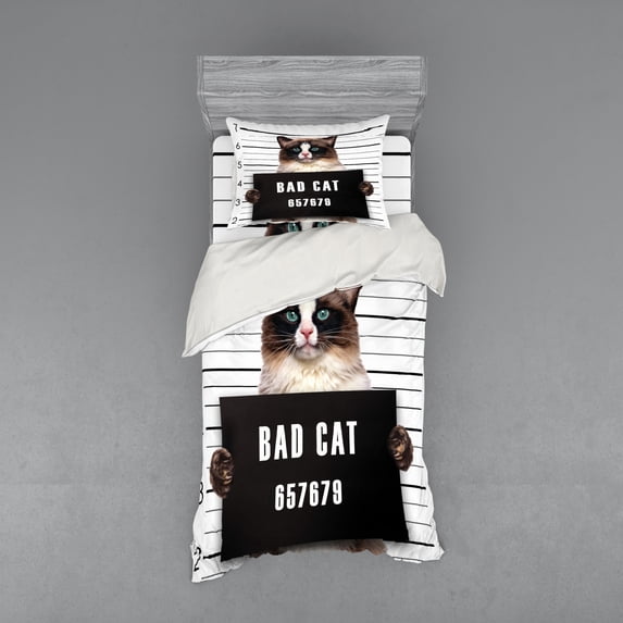 Ambesonne Animal Bedding Set 3 Pcs, Jail Kitty Under Arrest, Twin, Brown Black White