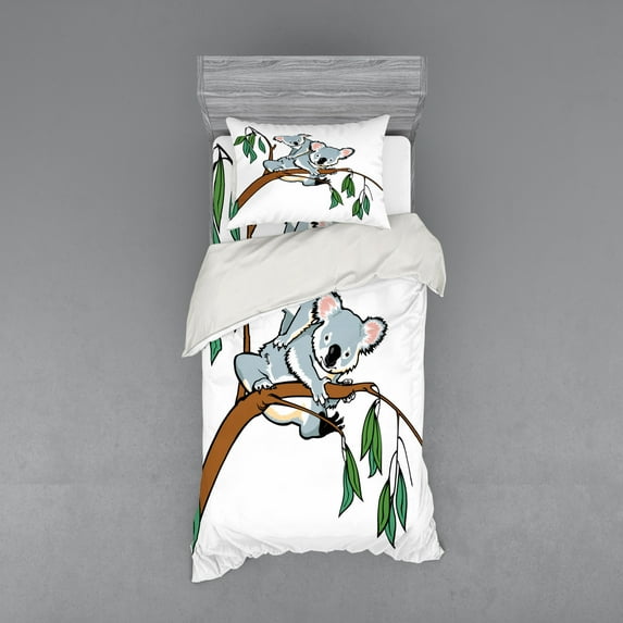 Ambesonne Animal Bedding Set 3 Pcs, Koala Eucalyptus, Twin, Brown Grey