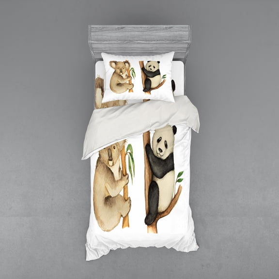 Ambesonne Animal Bedding Set 3 Pcs, Koala Panda Watercolor, Twin, Beige Black