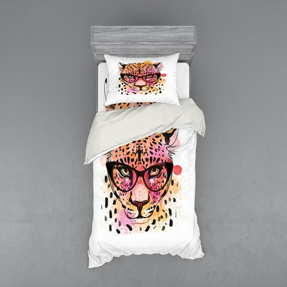 Ambesonne Animal Bedding Set 3 Pcs, Modern Hipster Leopard, Twin, Orange Brown Pink