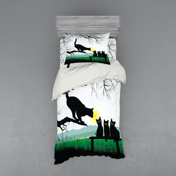 Ambesonne Animal Bedding Set 3 Pcs, Mother Cat Kittens, Twin XL, Multicolor