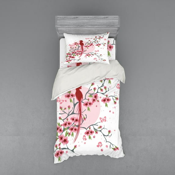 Ambesonne Animal Bedding Set 3 Pcs, Mythical Phoenix Bird, Twin XL, Pink
