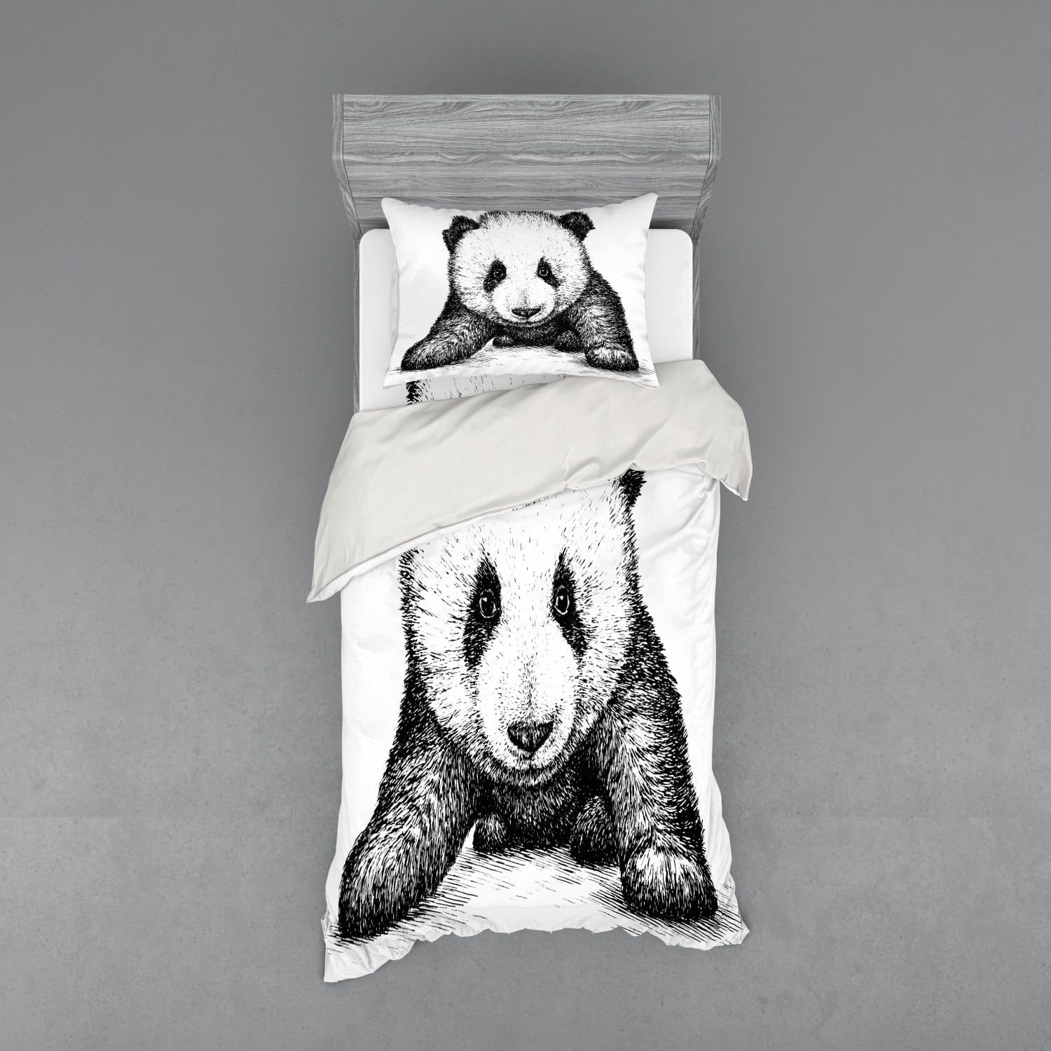 Twin White and Black Panda Sketch Duvet Cover Set