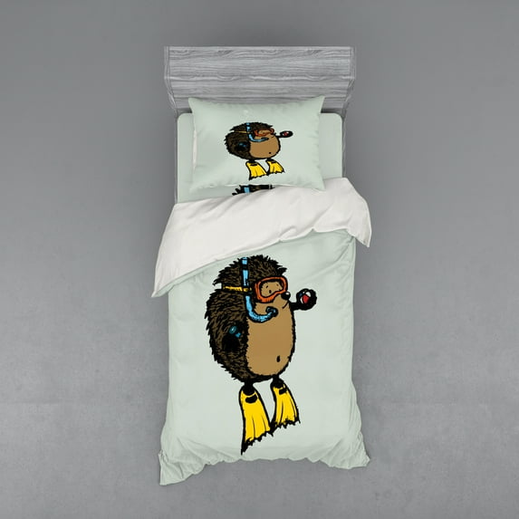 Ambesonne Animal Bedding Set 3 Pcs, Scuba Diver Hedgehog, Twin, Pale Blue Yellow