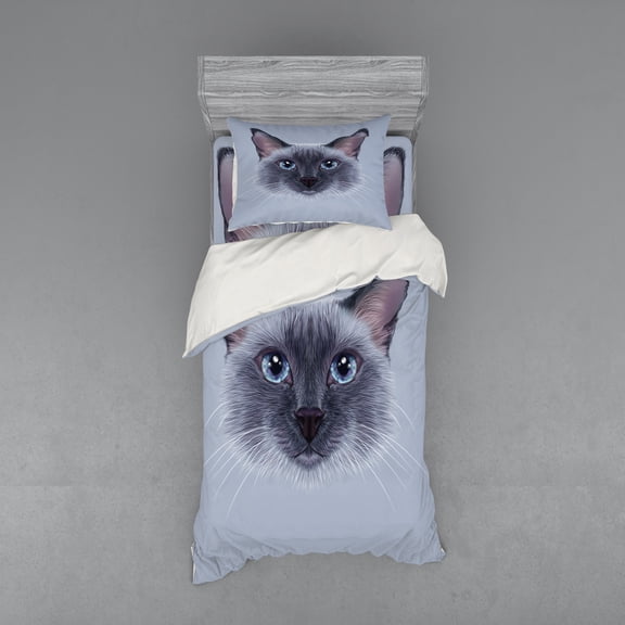 Ambesonne Animal Bedding Set 3 Pcs, Siamese Cat Portrait, Twin, White Sky Blue and Grey