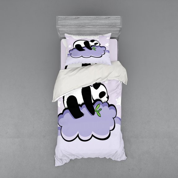Ambesonne Animal Bedding Set 3 Pcs, Sleeping Panda on Cloud, Twin, Lilac Black