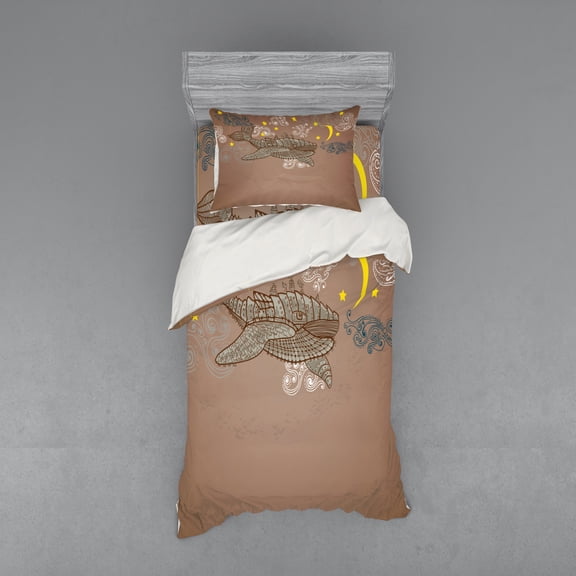 Ambesonne Animal Bedding Set 3 Pcs, Steampuck Whale on Air, Twin, Brown and White
