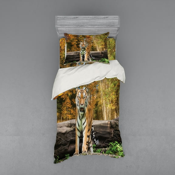 Ambesonne Animal Bedding Set 3 Pcs, Tiger in Forest, Twin, Orange and Brown