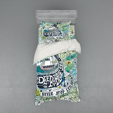 Ambesonne Animal Bedding Set 3 Pcs, Whales Island with Palm, Twin, Blue Pink and Green