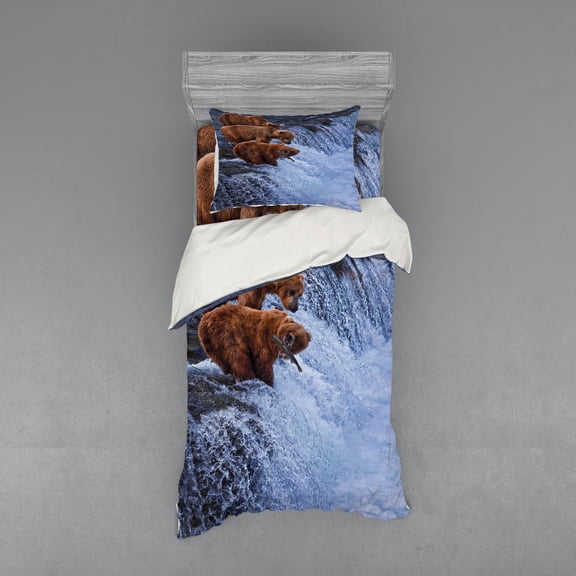 Ambesonne Animal Bedding Set 3 Pcs, Wild Bear Fish Nature, Twin, Brown White
