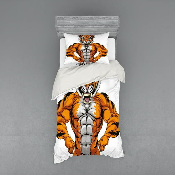 Ambesonne Animal Bedding Set 3 Pcs, Wildlife Savannah Tiger Art, Twin, Pale Grey and Marigold