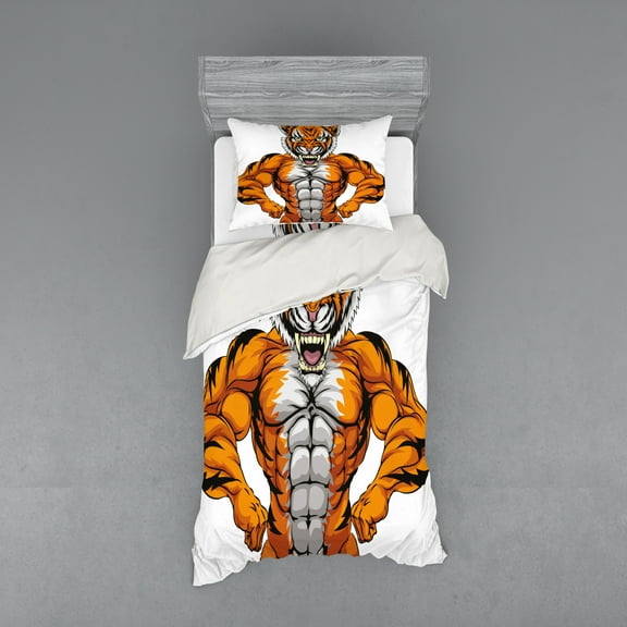 Ambesonne Animal Bedding Set 3 Pcs, Wildlife Savannah Tiger Art, Twin XL, Pale Grey and Marigold