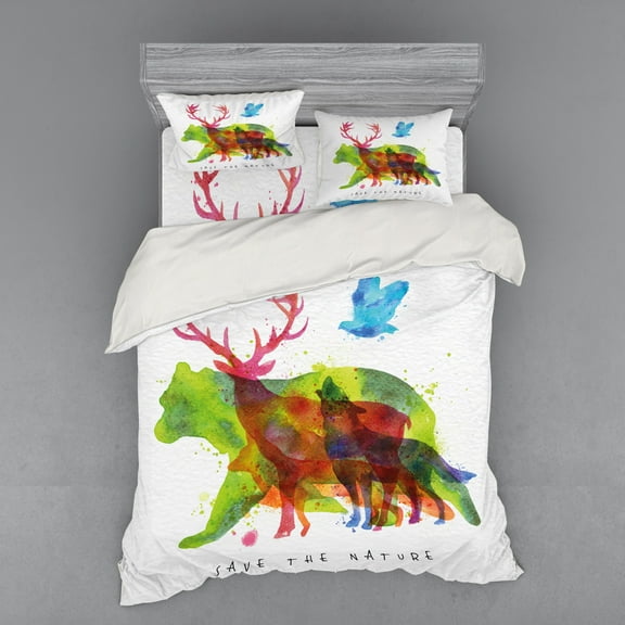 Ambesonne Animal Bedding Set 4 Pcs, Alaska Animals Bear Wolf, Queen, Multicolor